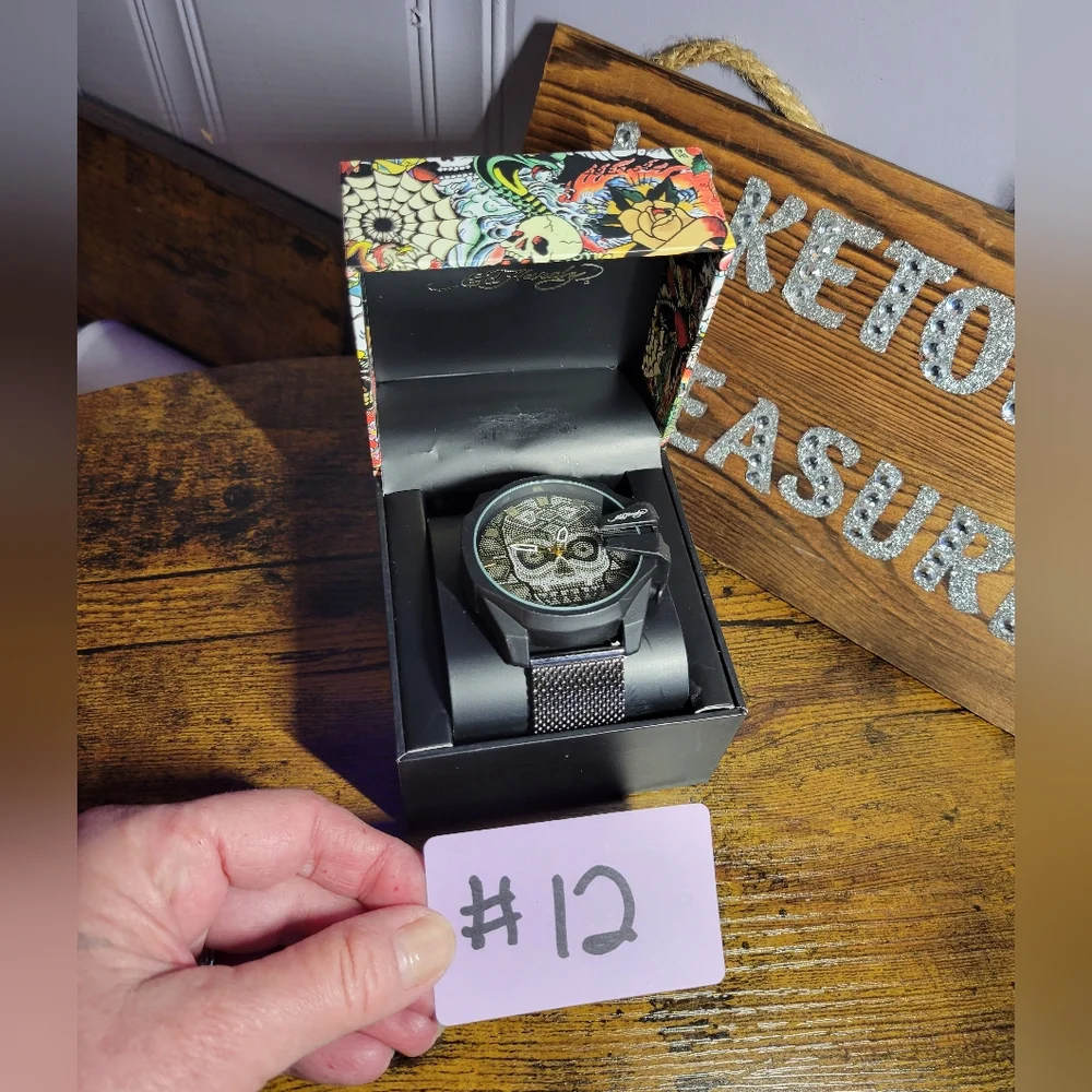 Ed Hardy mens Black Gold Gray Skull Watch
